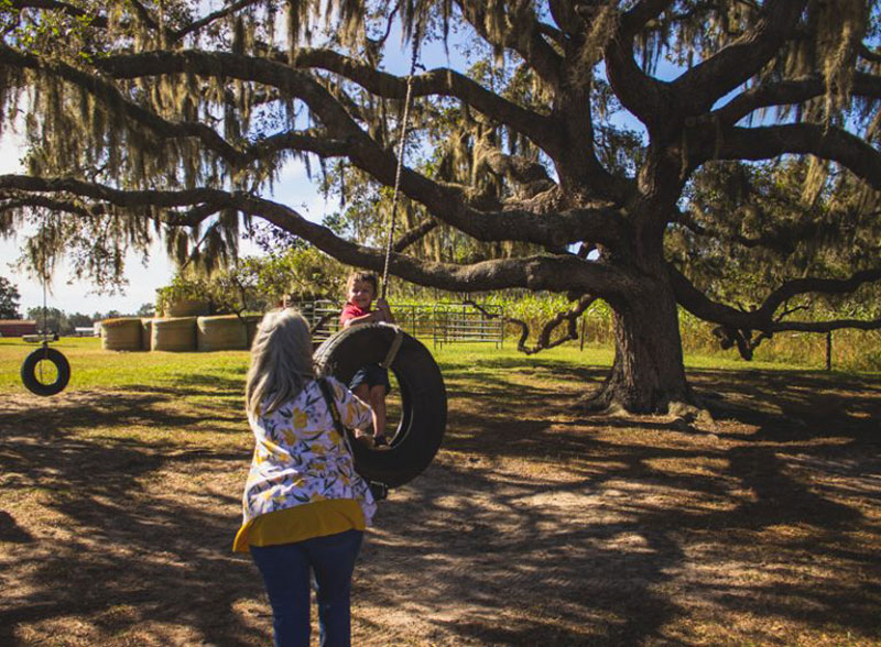 Grand parent swinging grandson on tire swing at Harvest Holler Corn Maze and Pumpkin Patch